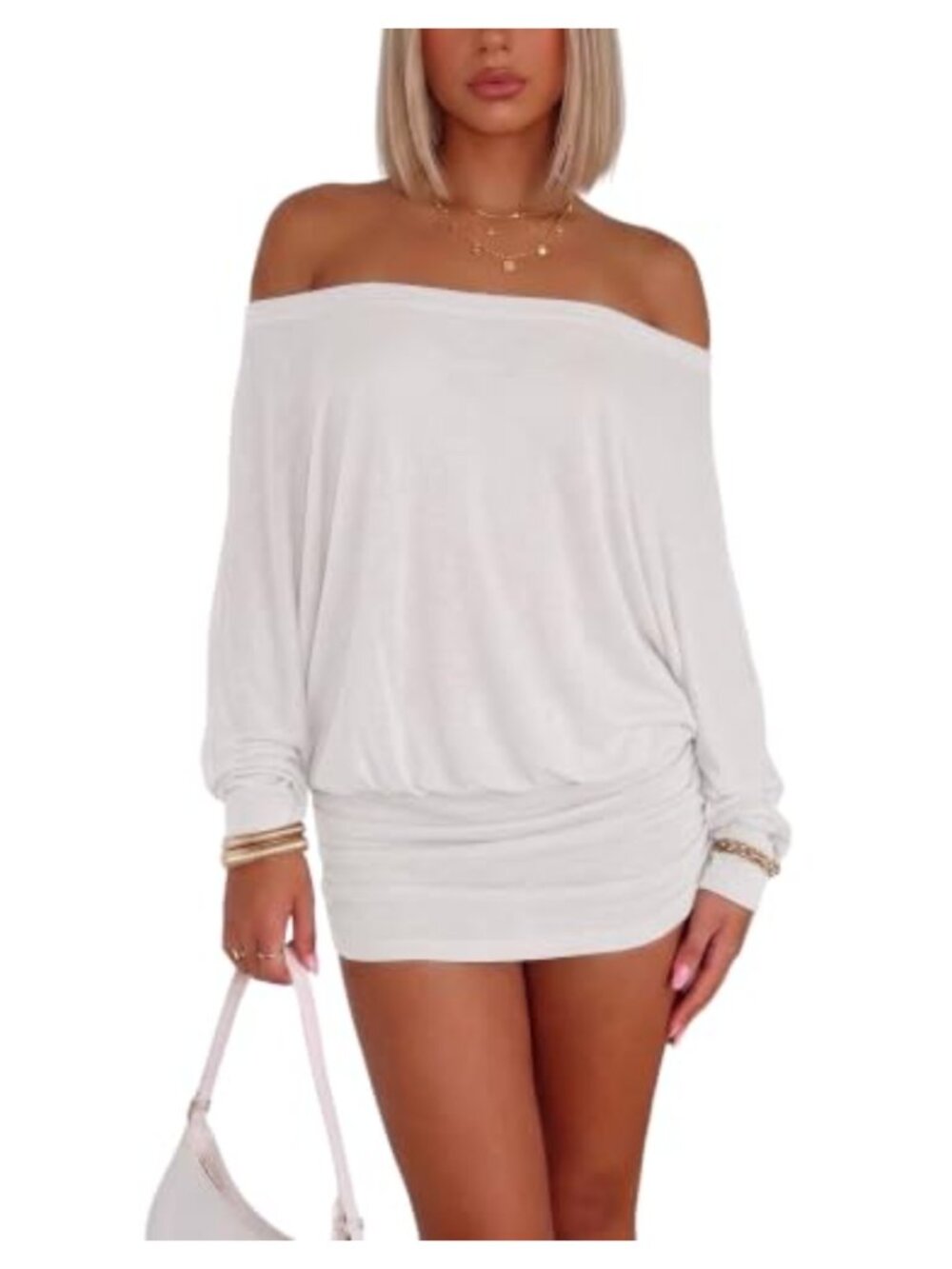 Women Off Shoulder Sheer Batwing Sleeve Ruched Mini Dress Y2K Club Top